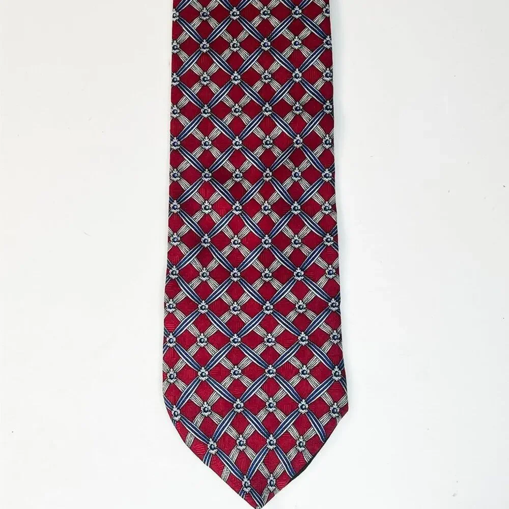Puritan Geometric Diamond Print Mens Neck Tie Red Blue 100% Silk Made in USA